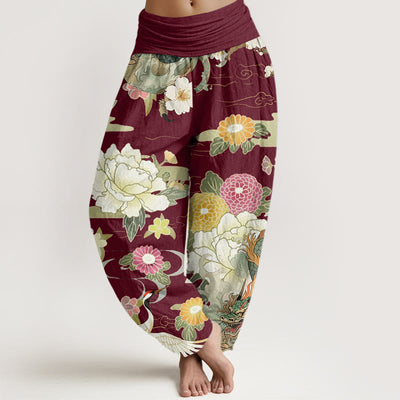 Buddha Stones Casual Dragon Red-crowned Crane Peony Flower Pattern Women's Elastic Waist Harem Pants - Maroon - US22，UK/AU26，EU54 (6XL) - image 1
