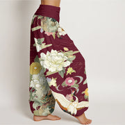 Buddha Stones Casual Dragon Red-crowned Crane Peony Flower Pattern Women's Elastic Waist Harem Pants