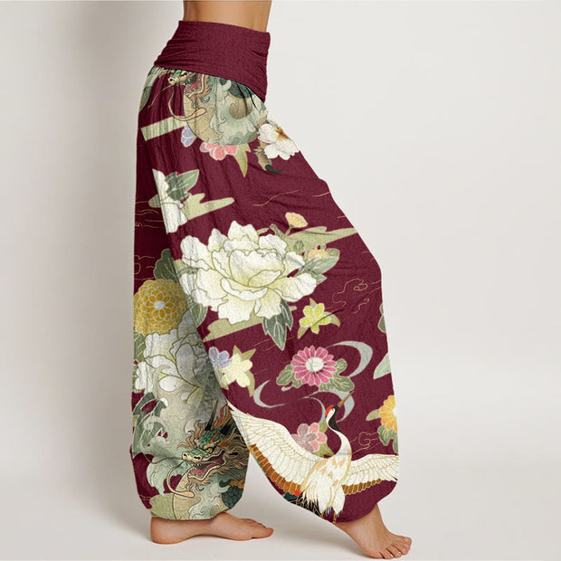 Buddha Stones Casual Dragon Red-crowned Crane Peony Flower Pattern Women's Elastic Waist Harem Pants