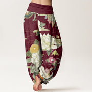 Buddha Stones Casual Dragon Red-crowned Crane Peony Flower Pattern Women's Elastic Waist Harem Pants - image 3