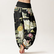 Buddha Stones Casual Dragon Red-crowned Crane Peony Flower Pattern Women's Elastic Waist Harem Pants - image 7
