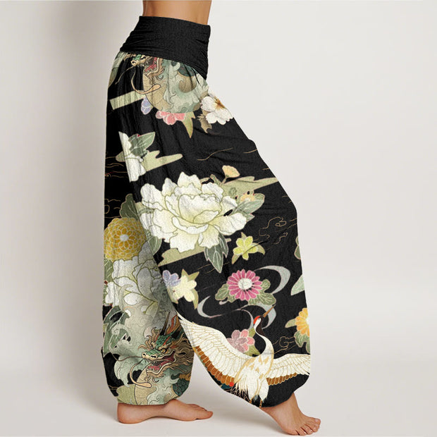 Buddha Stones Casual Dragon Red-crowned Crane Peony Flower Pattern Women's Elastic Waist Harem Pants - image 6