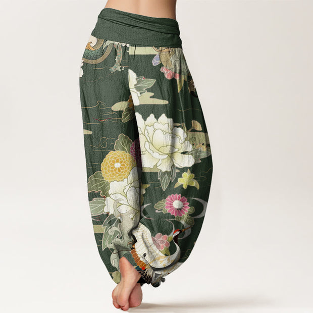 Buddha Stones Casual Dragon Red-crowned Crane Peony Flower Pattern Women's Elastic Waist Harem Pants - image 10