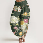 Buddha Stones Casual Dragon Red-crowned Crane Peony Flower Pattern Women's Elastic Waist Harem Pants