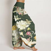 Buddha Stones Casual Dragon Red-crowned Crane Peony Flower Pattern Women's Elastic Waist Harem Pants - image 9