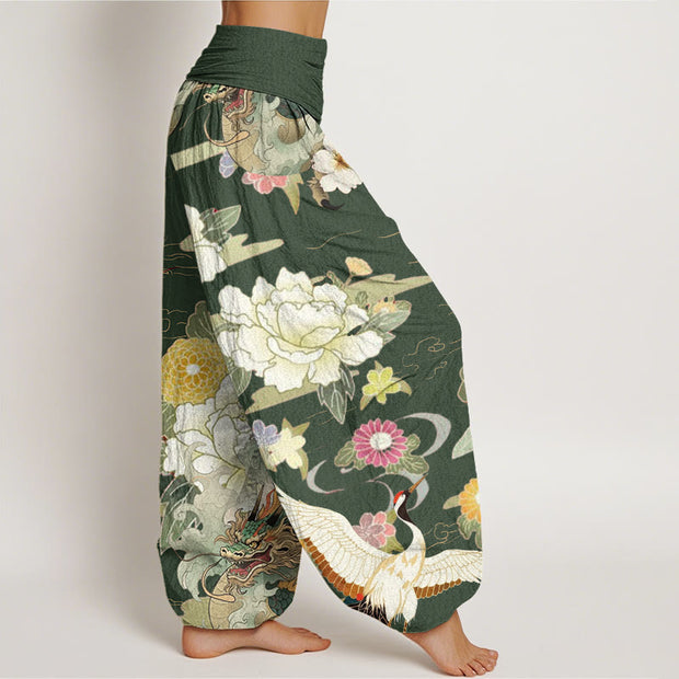 Buddha Stones Casual Dragon Red-crowned Crane Peony Flower Pattern Women's Elastic Waist Harem Pants - image 9