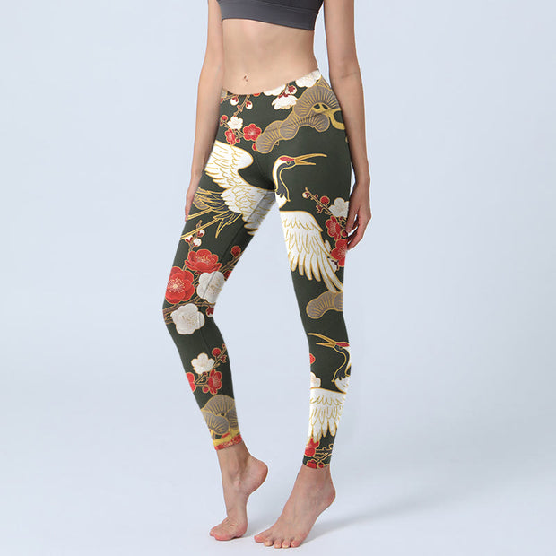 Buddha Stones Red Crowned Cranes Plum Blossoms Branches Pattern Print Gym Leggings Women's Yoga Pants