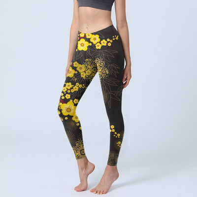 Buddha Stones Yellow Cherry Blossoms Bamboo Leaves Firework Pattern Print Gym Leggings Women's Yoga Pants - Black - US18，UK/AU22，EU50 (4XL) - image 1