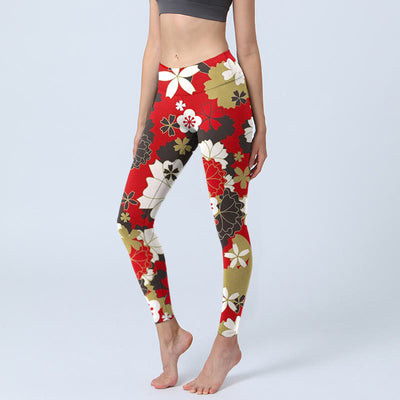 Buddha Stones Cherry Blossom Petals Pattern Print Gym Leggings Women's Yoga Pants - Crimson - US18，UK/AU22，EU50 (4XL) - image 1
