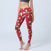 Buddha Stones Plum Blossoms Branches Leaves Pattern Print Gym Leggings Women's Yoga Pants - Crimson - US18，UK/AU22，EU50 (4XL) - image 1