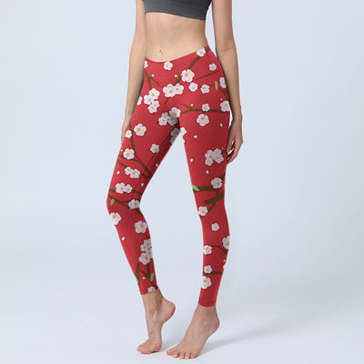 Buddha Stones Plum Blossoms Branches Leaves Pattern Print Gym Leggings Women's Yoga Pants - Crimson - US18，UK/AU22，EU50 (4XL) - image 1