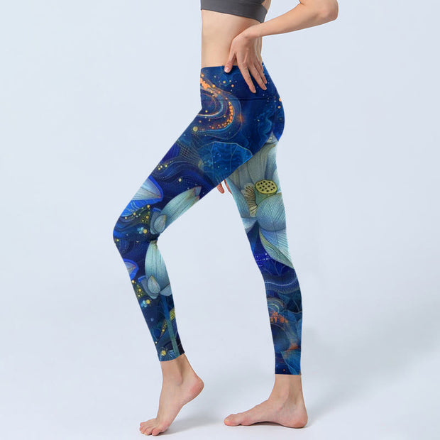 Buddha Stones Blooming White Lotus Pattern Print Gym Leggings Women's Yoga Pants - image 3