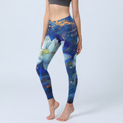 Buddha Stones Blooming White Lotus Pattern Print Gym Leggings Women's Yoga Pants - SteelBlue - US18，UK/AU22，EU50 (4XL) - image 1