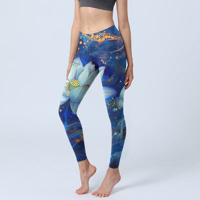 Buddha Stones Blooming White Lotus Pattern Print Gym Leggings Women's Yoga Pants