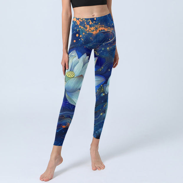 Buddha Stones Blooming White Lotus Pattern Print Gym Leggings Women's Yoga Pants