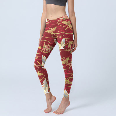 Buddha Stones Flying Cranes Slender Branches Print Gym Leggings Women's Yoga Pants - FireBrick - US18，UK/AU22，EU50 (4XL) - image 1