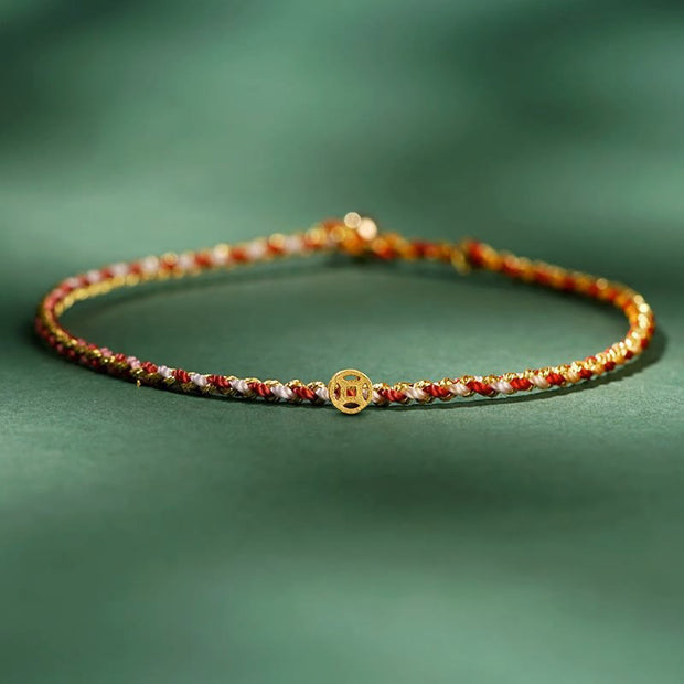 Buddha Stones Colorful Rope Luck Coin Bead Abundance Extra Thin Braided Bracelet - Red - Rope With Copper Coin - 20cm - image 7
