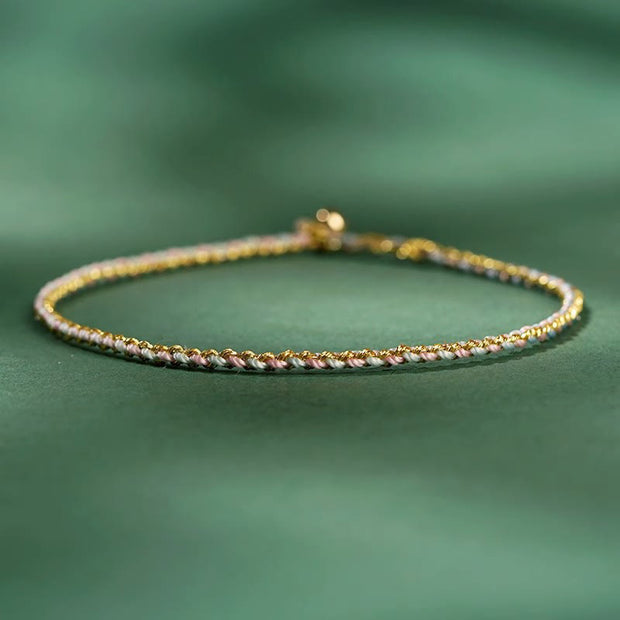 Buddha Stones Colorful Rope Luck Coin Bead Abundance Extra Thin Braided Bracelet - Light Pink - Bare Rope - 20cm - image 11