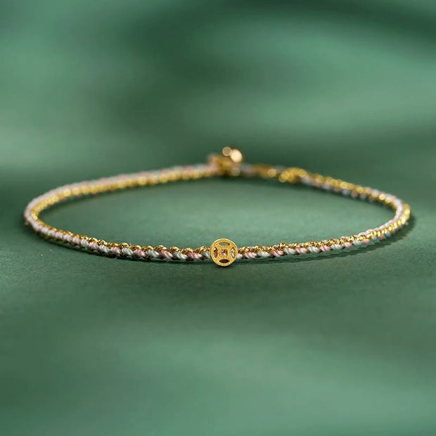Buddha Stones Colorful Rope Luck Coin Bead Abundance Extra Thin Braided Bracelet - Light Pink - Rope With Copper Coin - 20cm - image 10