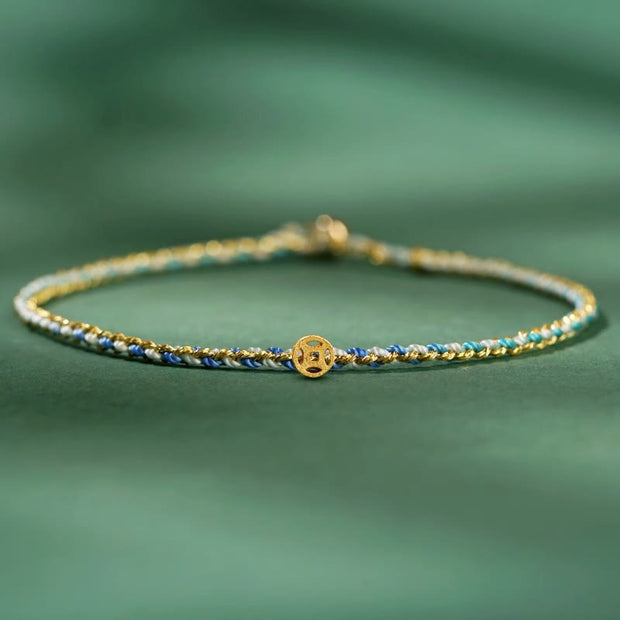Buddha Stones Colorful Rope Luck Coin Bead Abundance Extra Thin Braided Bracelet - Blue - Rope With Copper Coin - 20cm - image 14