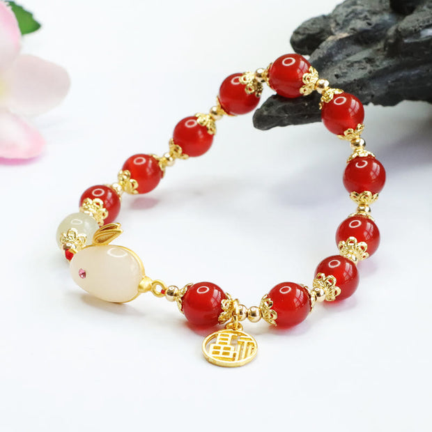 Buddha Stones Red Agate Chalcedony Rabbit Fu Character Confidence Bracelet