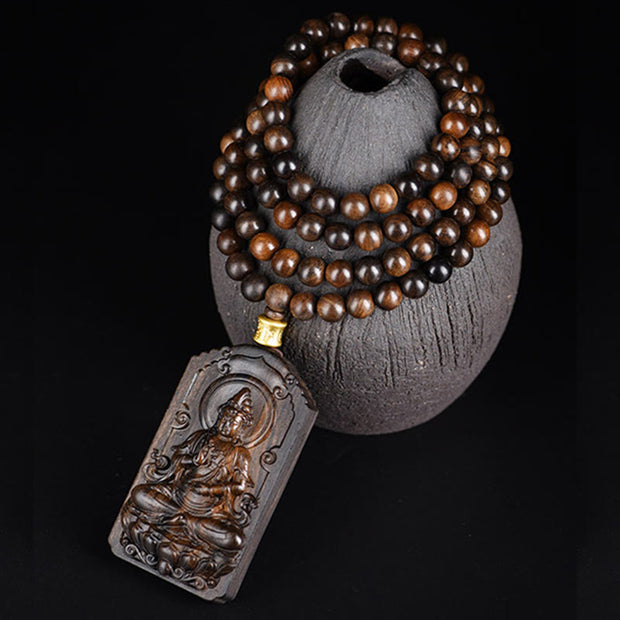 Buddha Stones Qinan Agarwood Avalokitesvara Yellow God of Wealth Strength Bead Necklace Pendant