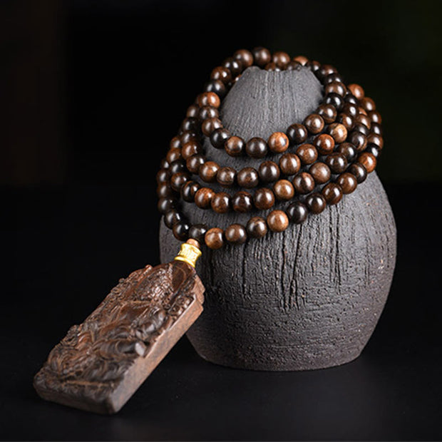 Buddha Stones Qinan Agarwood Avalokitesvara Yellow God of Wealth Strength Bead Necklace Pendant