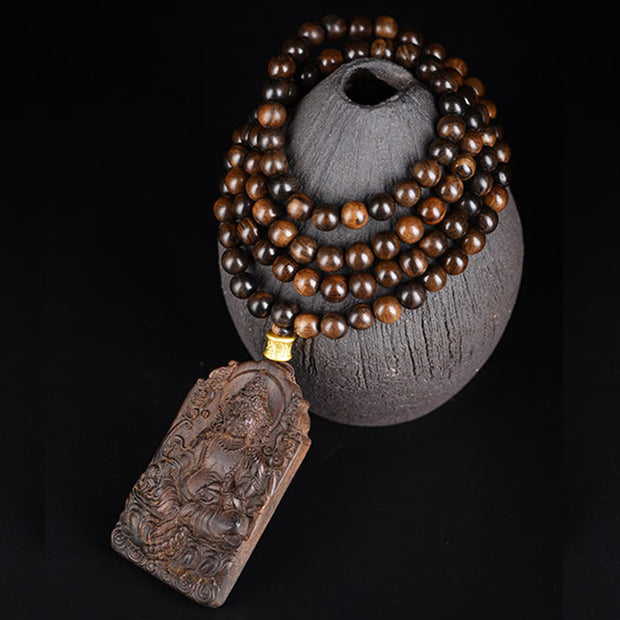 FREE Today: Balance and Strength Qinan Agarwood Avalokitesvara Yellow God of Wealth Bead Necklace Pendant
