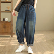 Buddha Stones Casual DarkSlateBlue Plain Drawstring Cotton Women's Harem Pants With Pockets