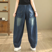 Buddha Stones Casual DarkSlateBlue Plain Drawstring Cotton Women's Harem Pants With Pockets