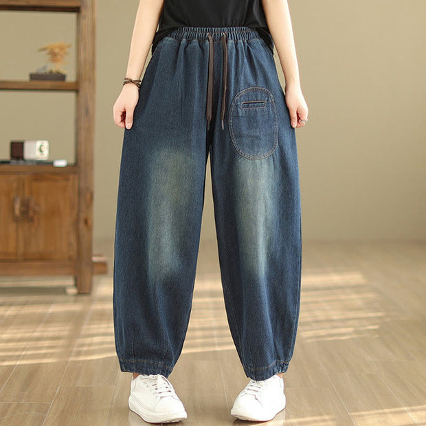 Buddha Stones Casual DarkSlateBlue Plain Drawstring Cotton Women's Harem Pants With Pockets