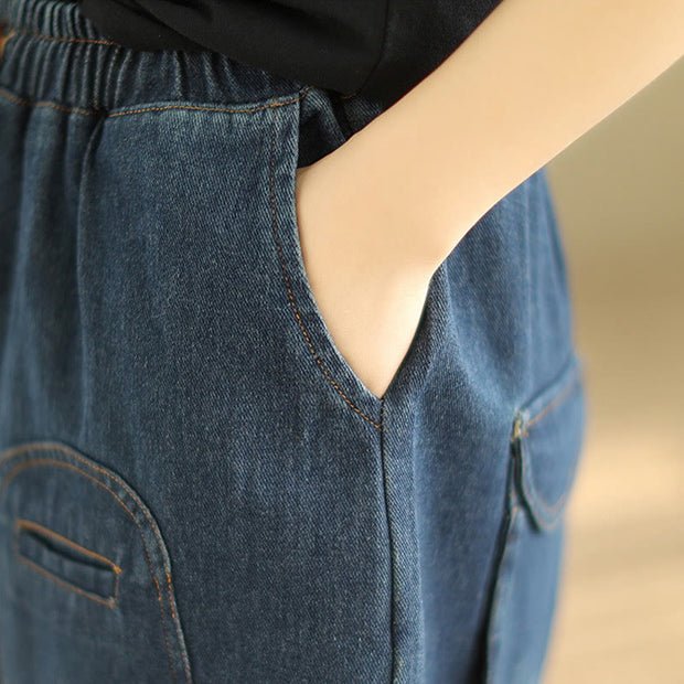 Buddha Stones Casual DarkSlateBlue Plain Drawstring Cotton Women's Harem Pants With Pockets