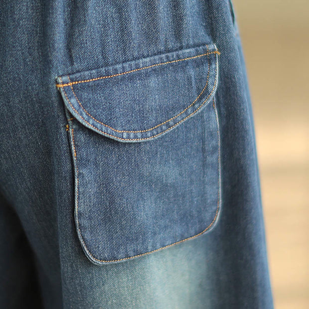 Buddha Stones Casual DarkSlateBlue Plain Drawstring Cotton Women's Harem Pants With Pockets