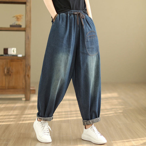 Buddha Stones Casual DarkSlateBlue Plain Drawstring Cotton Women's Harem Pants With Pockets