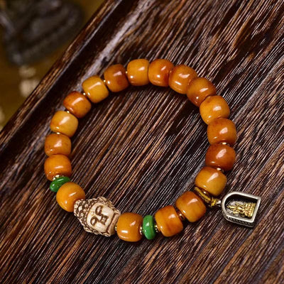 Buddha Stones Natural Tibetan Camel Bone Barrel Beads Buddha Head Luck Protection Tassel Bracelet