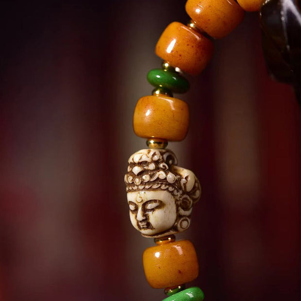 Buddha Stones Natural Tibetan Camel Bone Barrel Beads Buddha Head Luck Protection Tassel Bracelet
