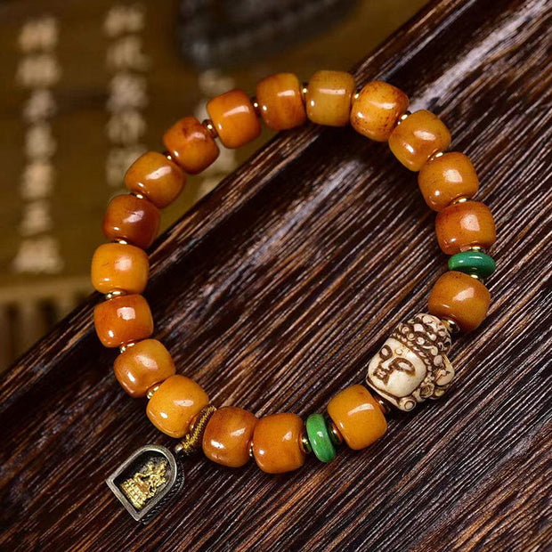 Buddha Stones Natural Tibetan Camel Bone Barrel Beads Buddha Head Luck Protection Tassel Bracelet