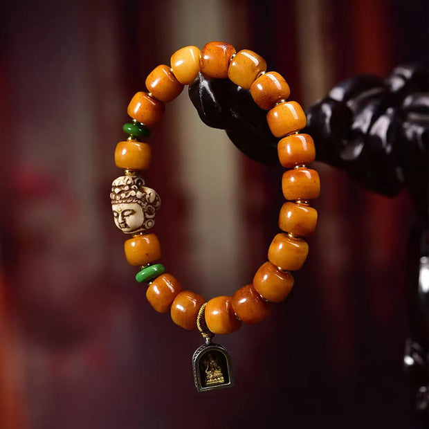 Buddha Stones Natural Tibetan Camel Bone Barrel Beads Buddha Head Luck Protection Tassel Bracelet