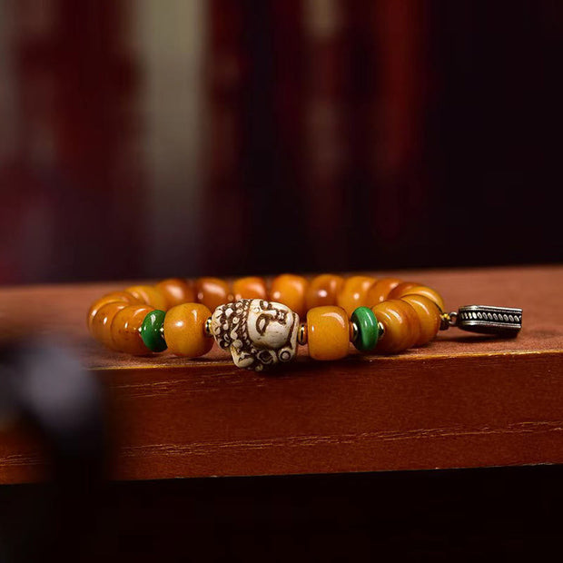 Buddha Stones Natural Tibetan Camel Bone Barrel Beads Buddha Head Luck Protection Tassel Bracelet