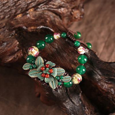 Buddha Stones Green Agate Glass Flower Beads Braided Knot Support Bracelet