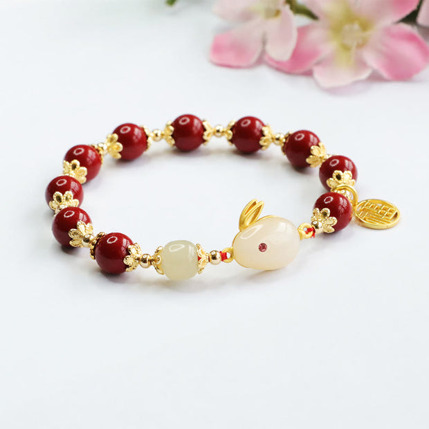 Buddha Stones Cinnabar Cute Rabbit Bunny Fu Character Charm Blessing Bracelet