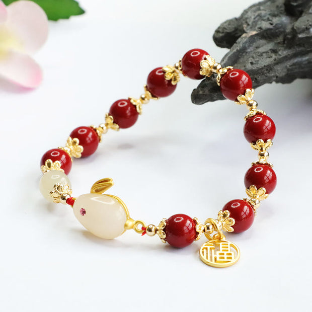 Buddha Stones Cinnabar Cute Rabbit Bunny Fu Character Charm Blessing Bracelet