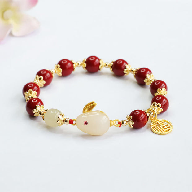 Buddha Stones Cinnabar Cute Rabbit Bunny Fu Character Charm Blessing Bracelet