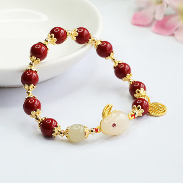 Buddha Stones Cinnabar Cute Rabbit Bunny Fu Character Charm Blessing Bracelet