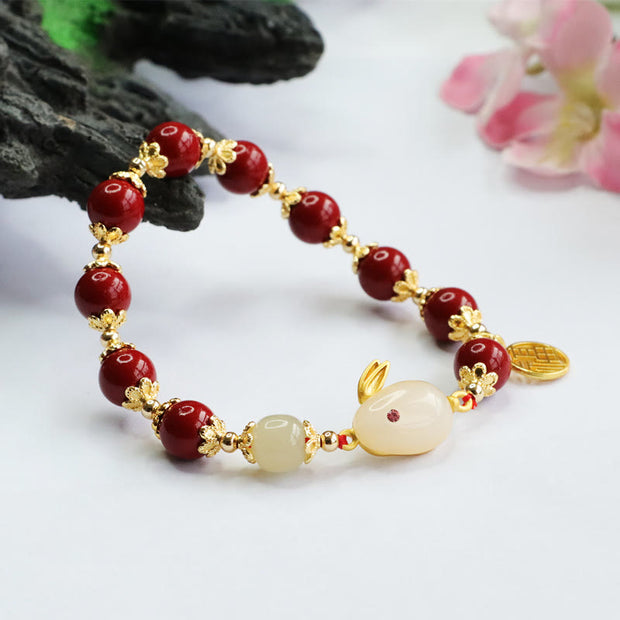 Buddha Stones Cinnabar Cute Rabbit Bunny Fu Character Charm Blessing Bracelet