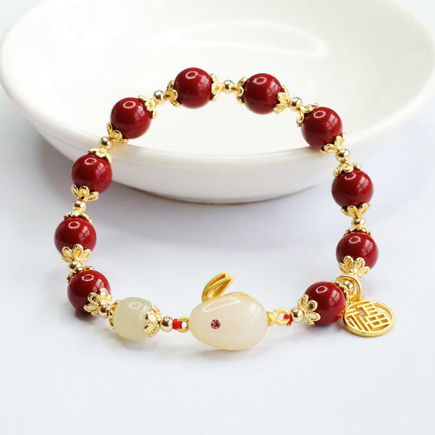 Buddha Stones Cinnabar Cute Rabbit Bunny Fu Character Charm Blessing Bracelet
