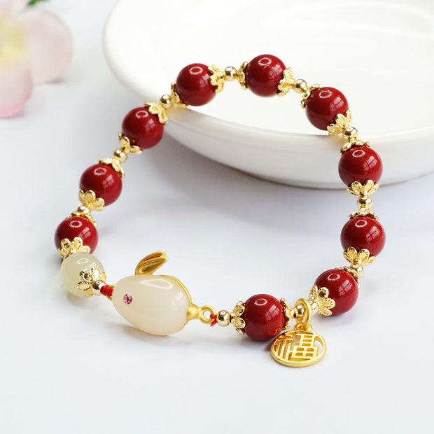Buddha Stones Cinnabar Cute Rabbit Bunny Fu Character Charm Blessing Bracelet