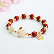 Buddha Stones Cinnabar Cute Rabbit Bunny Fu Character Charm Blessing Bracelet