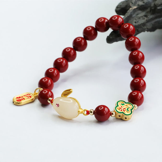 Buddha Stones Cinnabar Cute Rabbit Bunny Fu Character Calm Bracelet