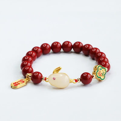 Buddha Stones Cinnabar Cute Rabbit Bunny Fu Character Calm Bracelet